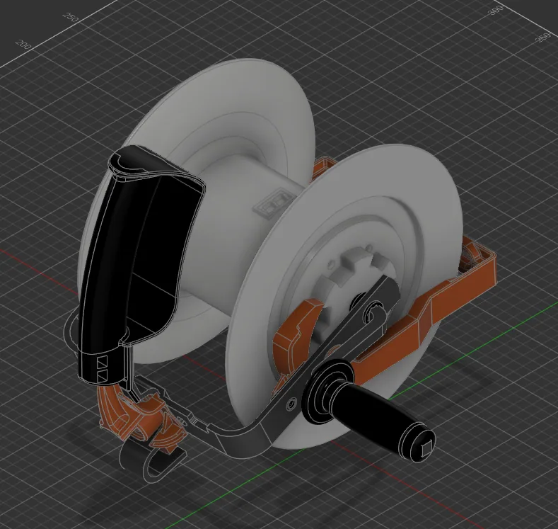 CAD assembly of an electric fence reel with replacement spool, ratchet, gearbox, and latch components