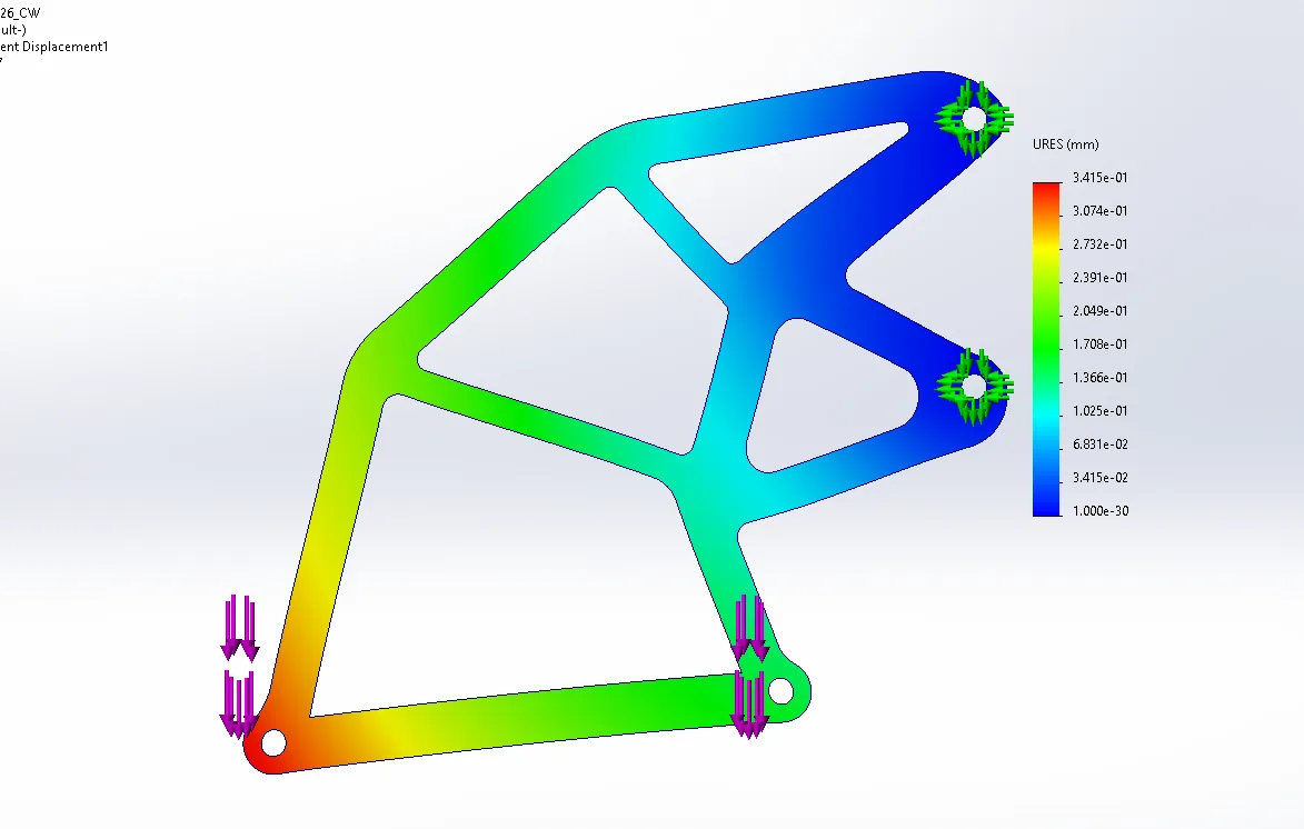 Finite element displacement result for Clint Winkler's 2026 Formula SAE front wing mount