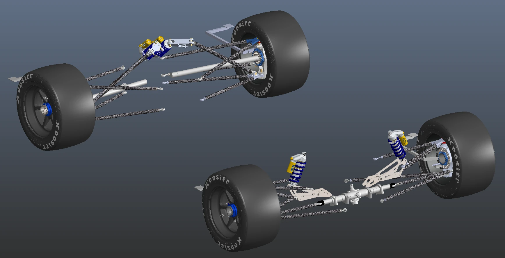 Full front and rear Formula SAE suspension sub-assembly CAD view